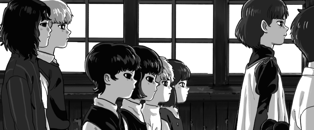 A group of children standing in a dreamy, one-room school